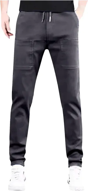 Men's Summer Pants Solid Color Elastic Waist Drawstring Pocket Slim Leg Breathable Loose Elasticity Fresh Trousers