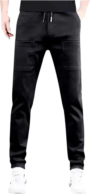 Men's Summer Pants Solid Color Elastic Waist Drawstring Pocket Slim Leg Breathable Loose Elasticity Fresh Trousers