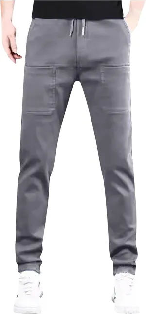 Men's Summer Pants Solid Color Elastic Waist Drawstring Pocket Slim Leg Breathable Loose Elasticity Fresh Trousers