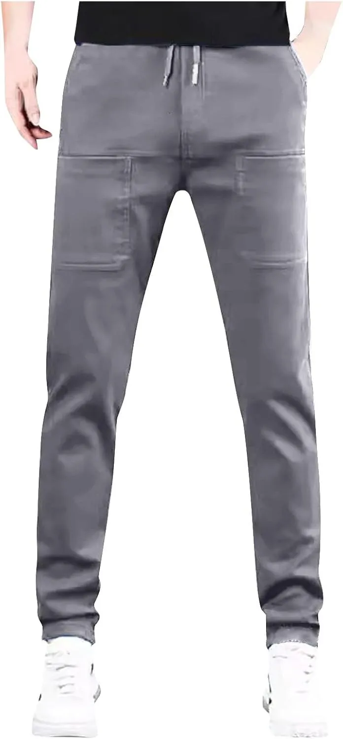 Men's Summer Pants Solid Color Elastic Waist Drawstring Pocket Slim Leg Breathable Loose Elasticity Fresh Trousers