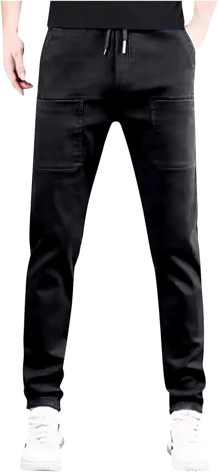 Men's Summer Pants Solid Color Elastic Waist Drawstring Pocket Slim Leg Breathable Loose Elasticity Fresh Trousers