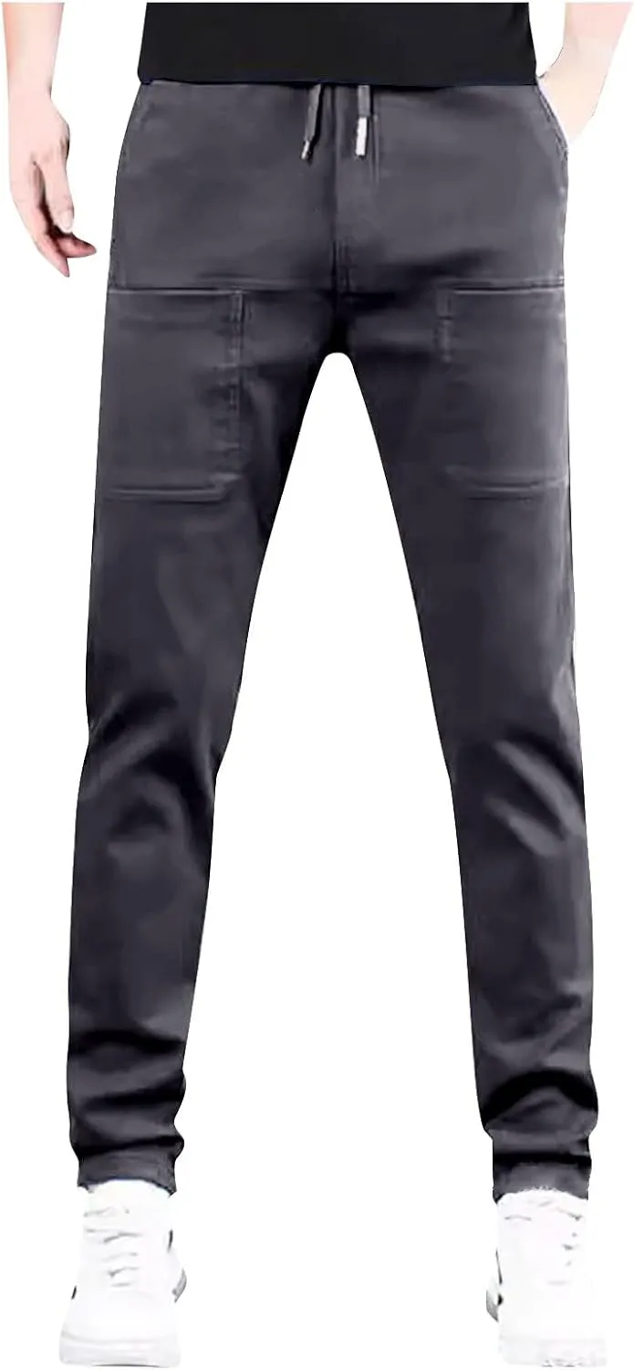 Men's Summer Pants Solid Color Elastic Waist Drawstring Pocket Slim Leg Breathable Loose Elasticity Fresh Trousers