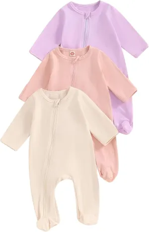 Merqwadd Baby Girl Zipper Pajama Footies 3 Pack Cotton Sleeper Coming Home Infant Clothes