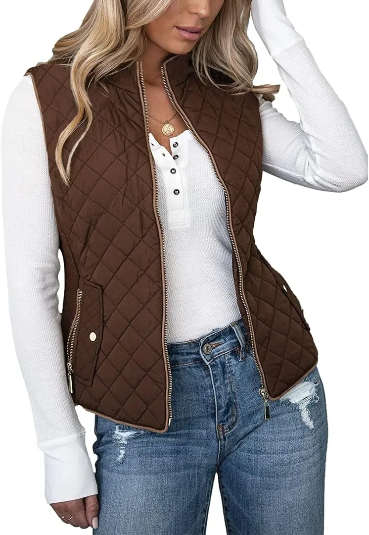 MIRACMODA Women's Vest Padded Stand Collar Lightweight Outerwear Casual Zip Pocket Quilted Vest Coat for Women