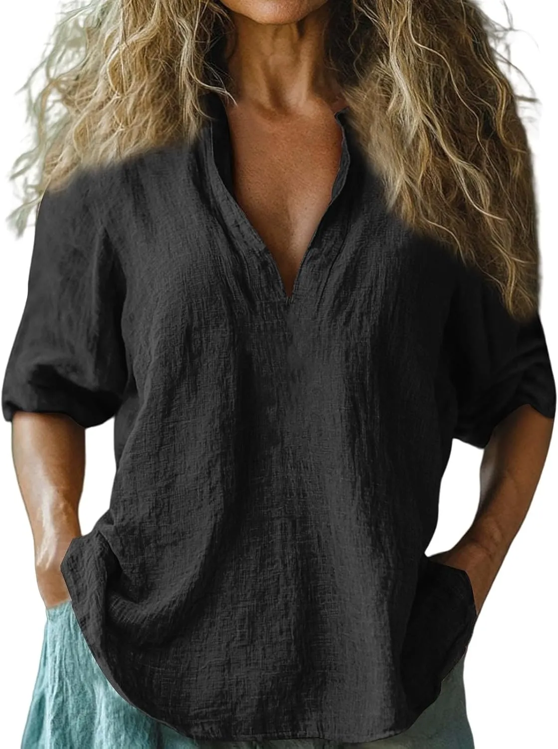 Miyaomn Womens Linen Tops Casual Loose Fit V Neck Roll Up Sleeve Solid Tunic Shirts Oversized Lightweight Summer Comfy Blouse