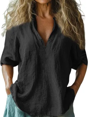 Miyaomn Womens Linen Tops Casual Loose Fit V Neck Roll Up Sleeve Solid Tunic Shirts Oversized Lightweight Summer Comfy Blouse