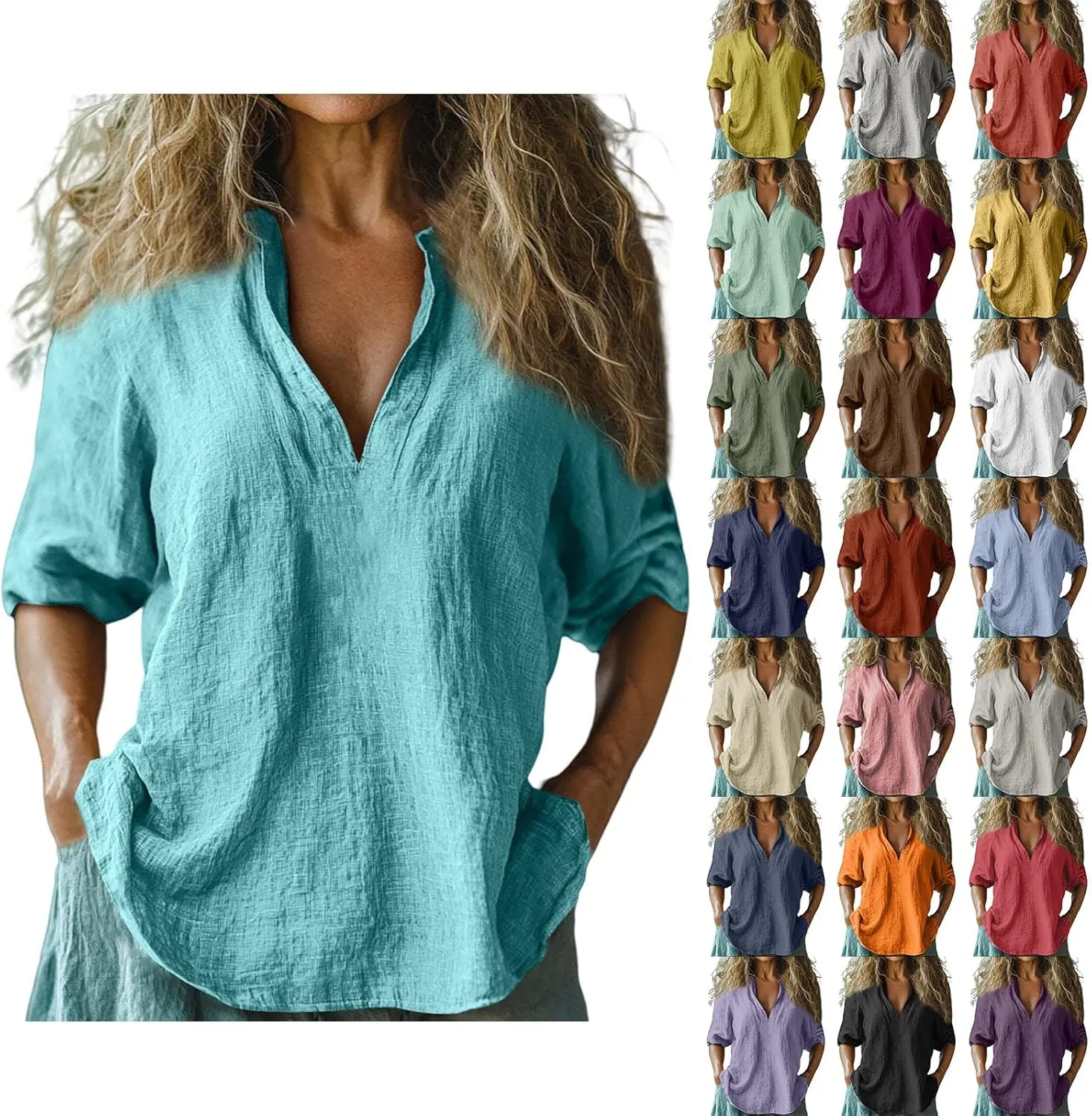 Miyaomn Womens Linen Tops Casual Loose Fit V Neck Roll Up Sleeve Solid Tunic Shirts Oversized Lightweight Summer Comfy Blouse