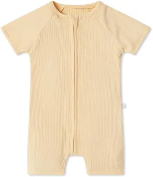 MORI Baby Unisex Ribbed Summer Zip-Up Romper - Breathable Short Sleeve Pajama - Comfy Nightwear for Toddler Boys and Girls
