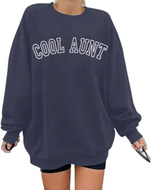 MOUSYA Women Cool Aunts Sweatshirt Auntie Letter Print Oversized Pullover Tops Embroidered Long Sleeve Lightweight Shirt