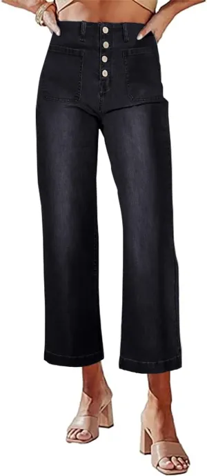 Necooer Womens Boyfriend Jeans Cropped Loose Wide Leg Baggy Jeans Casual Stretchy Denim Pants