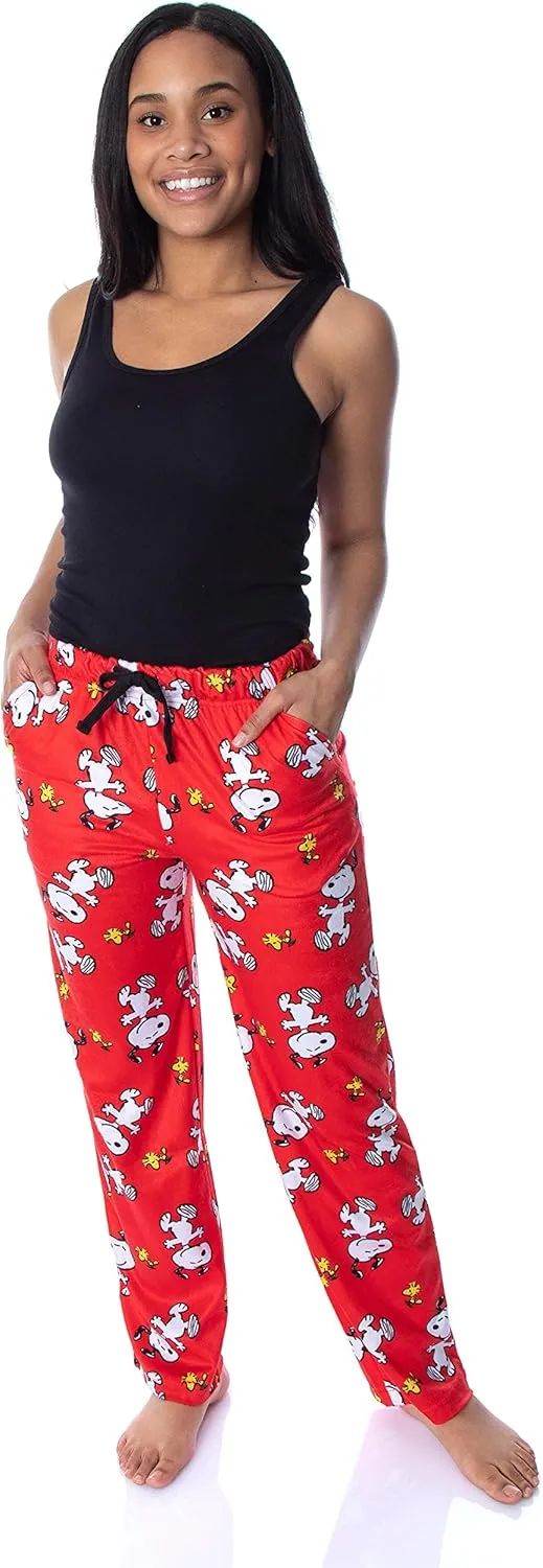 Peanuts Women's Snoopy And Woodstock Allover Print Smooth Touch Fleece Sleep Bottoms Lounge Pajama Pants