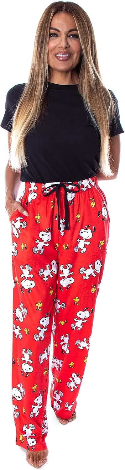 Peanuts Women's Snoopy And Woodstock Allover Print Smooth Touch Fleece Sleep Bottoms Lounge Pajama Pants