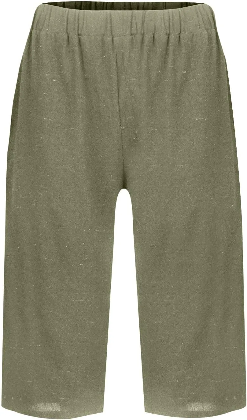 Pedal Pushers for Women Summer Elastic High Waisted Capri Pants Knee Length Lightweight Bermuda Shorts with Pockets