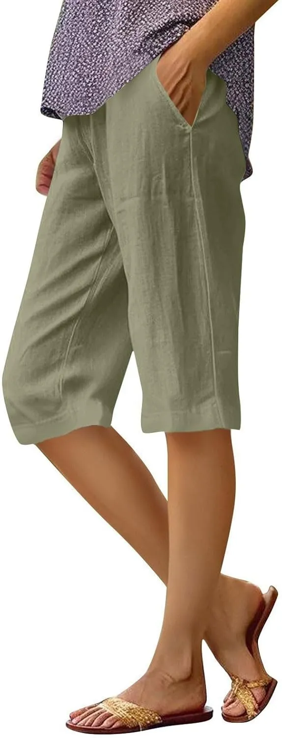 Pedal Pushers for Women Summer Elastic High Waisted Capri Pants Knee Length Lightweight Bermuda Shorts with Pockets