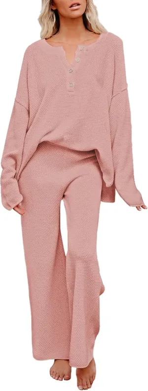 Pink Queen Women's 2 Piece Outfit Set Long Sleeve Button Pullover Sweater Top and Wide Leg Pants Knit Sweatsuit