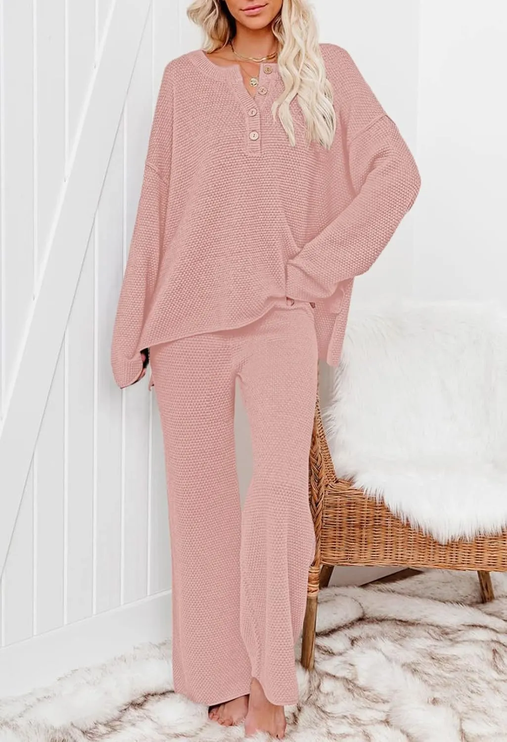 Pink Queen Women's 2 Piece Outfit Set Long Sleeve Button Pullover Sweater Top and Wide Leg Pants Knit Sweatsuit