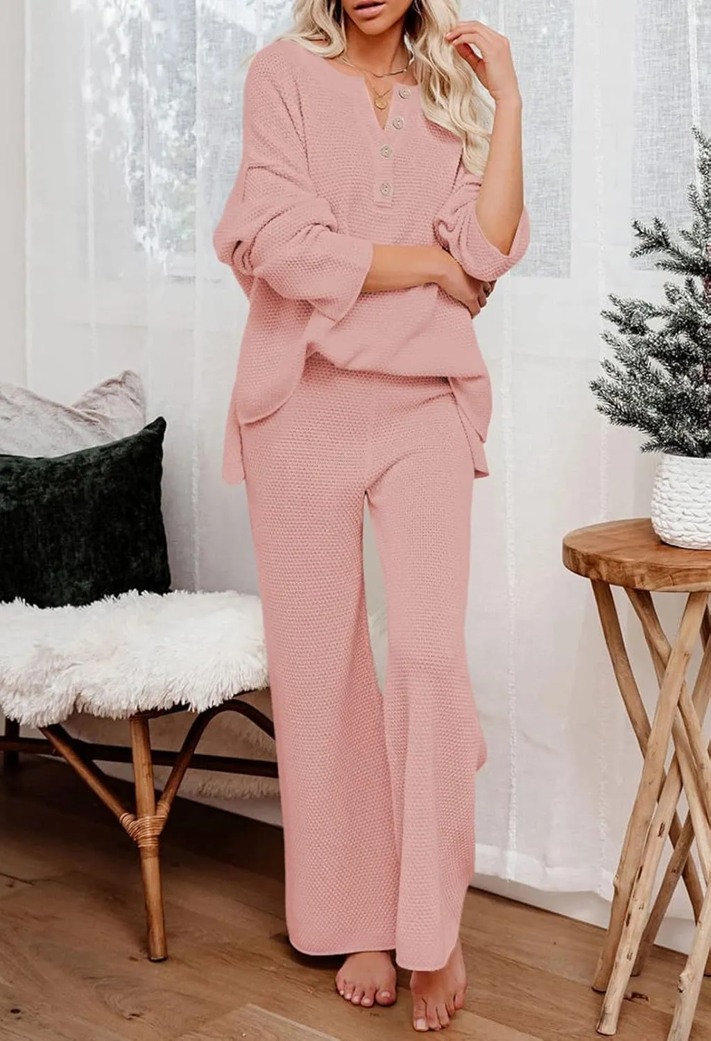 Pink Queen Women's 2 Piece Outfit Set Long Sleeve Button Pullover Sweater Top and Wide Leg Pants Knit Sweatsuit