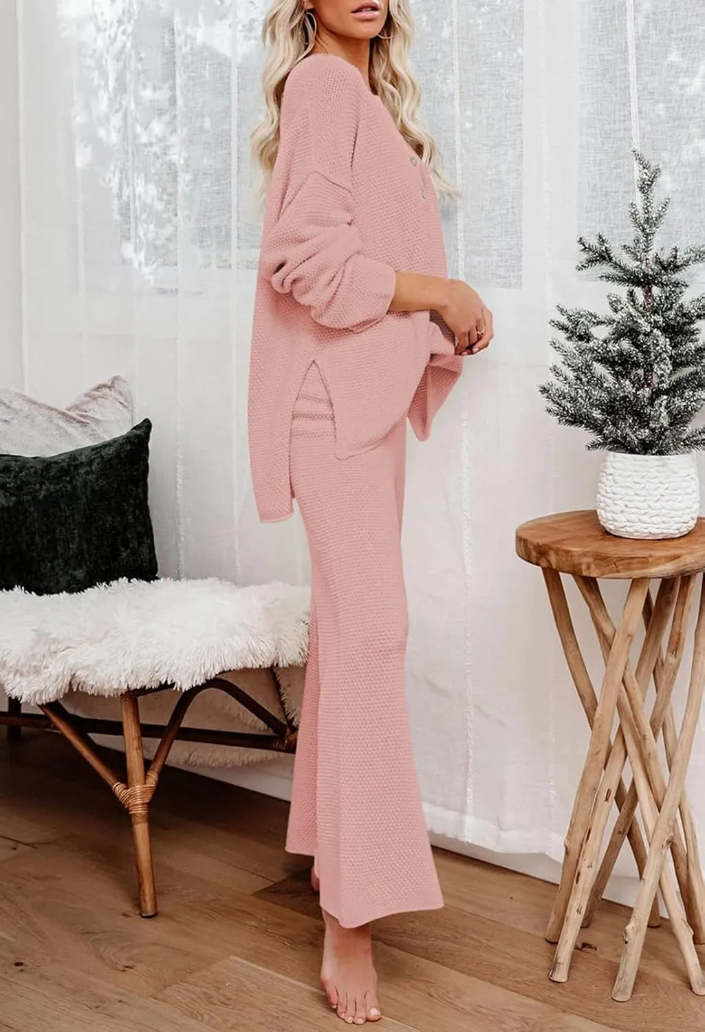 Pink Queen Women's 2 Piece Outfit Set Long Sleeve Button Pullover Sweater Top and Wide Leg Pants Knit Sweatsuit