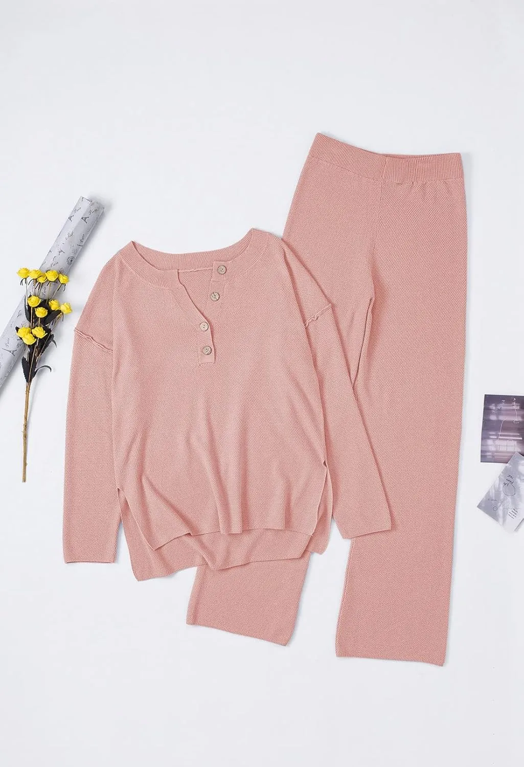 Pink Queen Women's 2 Piece Outfit Set Long Sleeve Button Pullover Sweater Top and Wide Leg Pants Knit Sweatsuit
