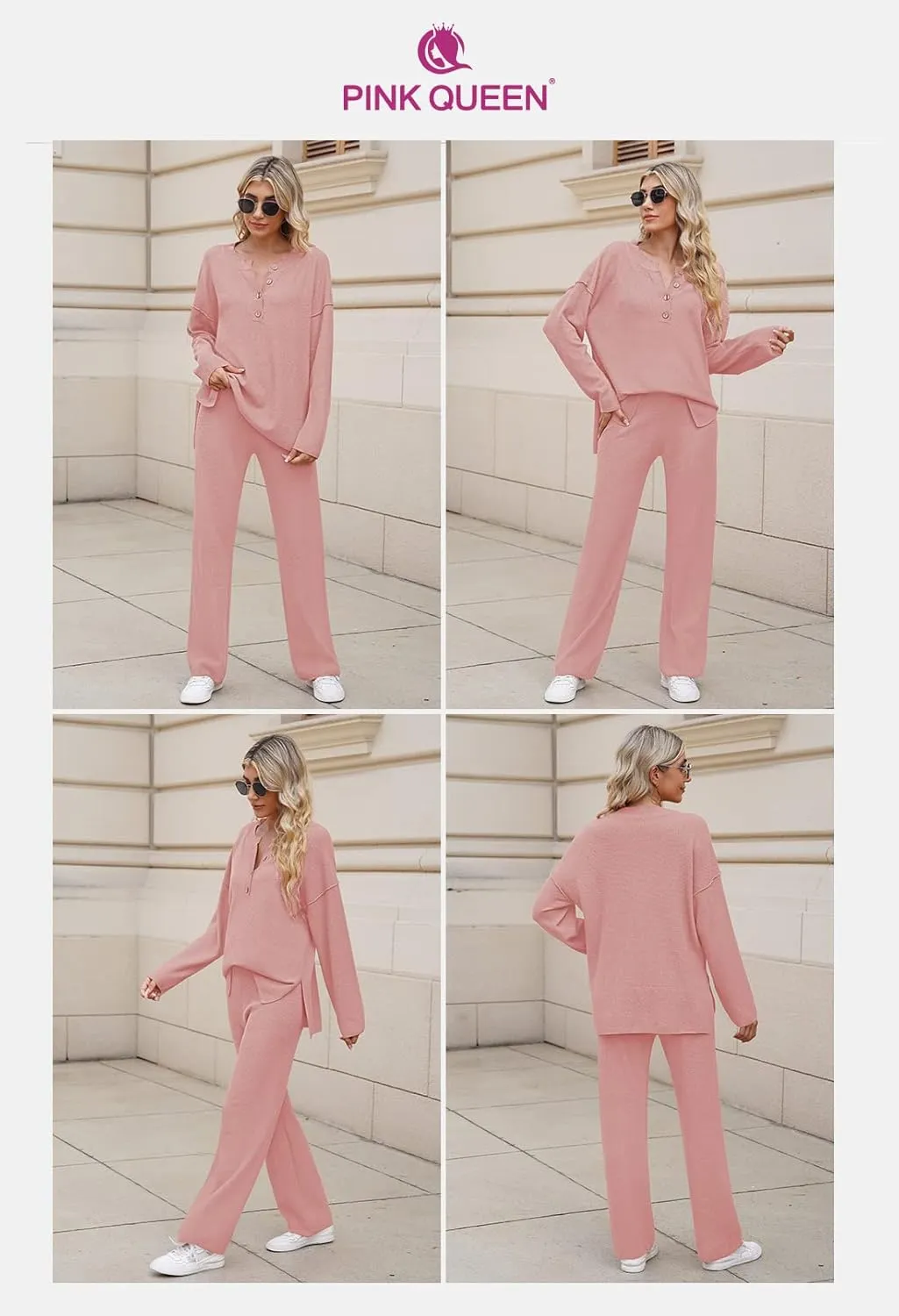 Pink Queen Women's 2 Piece Outfit Set Long Sleeve Button Pullover Sweater Top and Wide Leg Pants Knit Sweatsuit