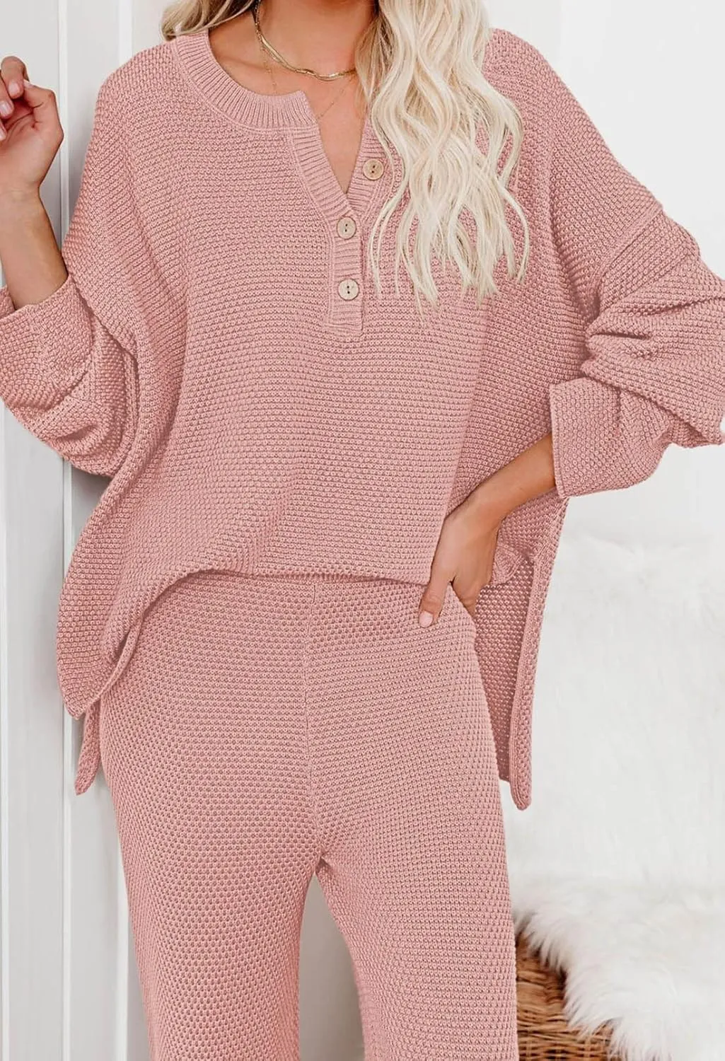 Pink Queen Women's 2 Piece Outfit Set Long Sleeve Button Pullover Sweater Top and Wide Leg Pants Knit Sweatsuit