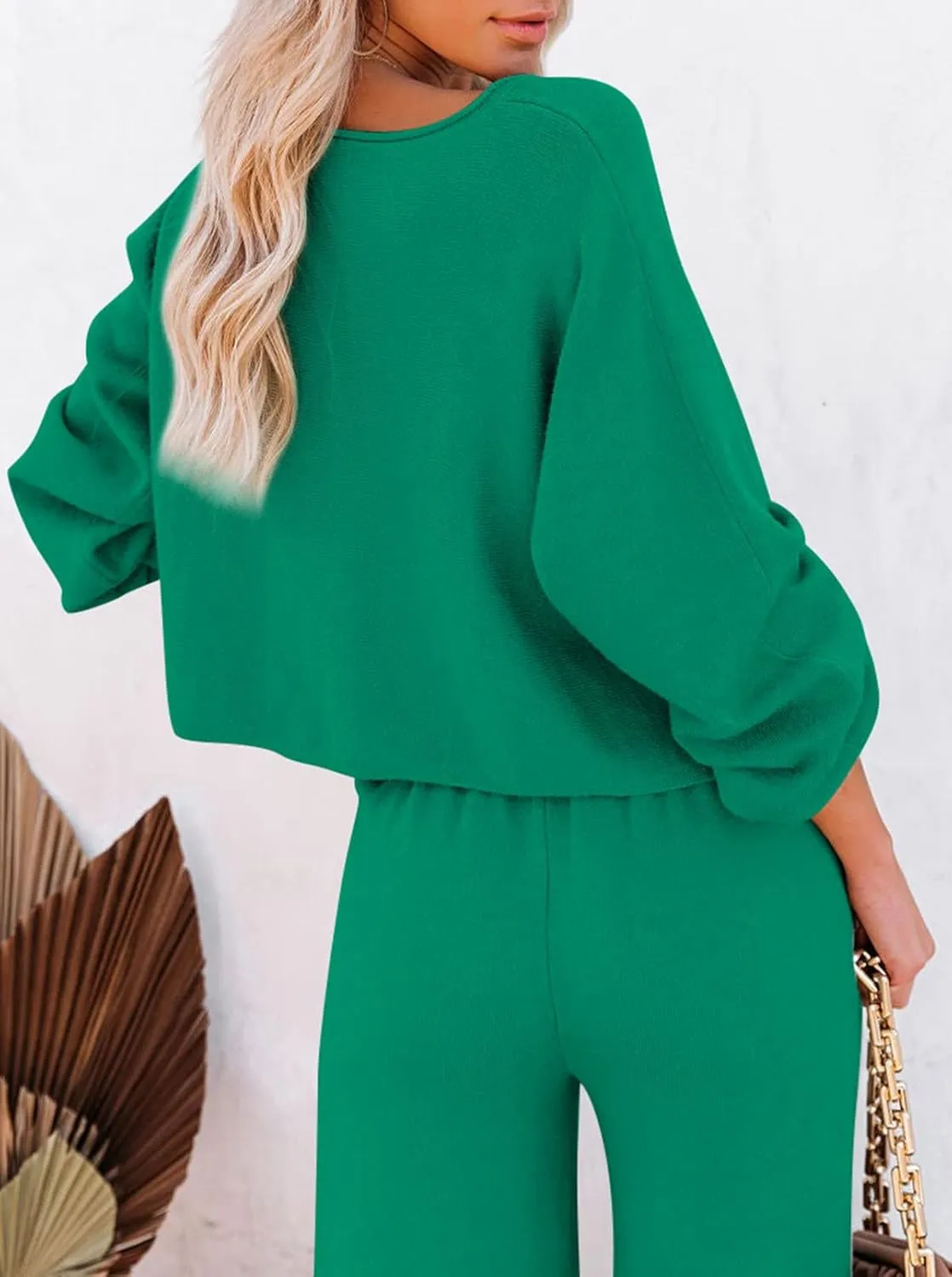 Pink Queen Women's 2 Piece Outfit Sweater Set Long Sleeve Crop Knit Top and Wide Leg Long Pants Sweatsuit