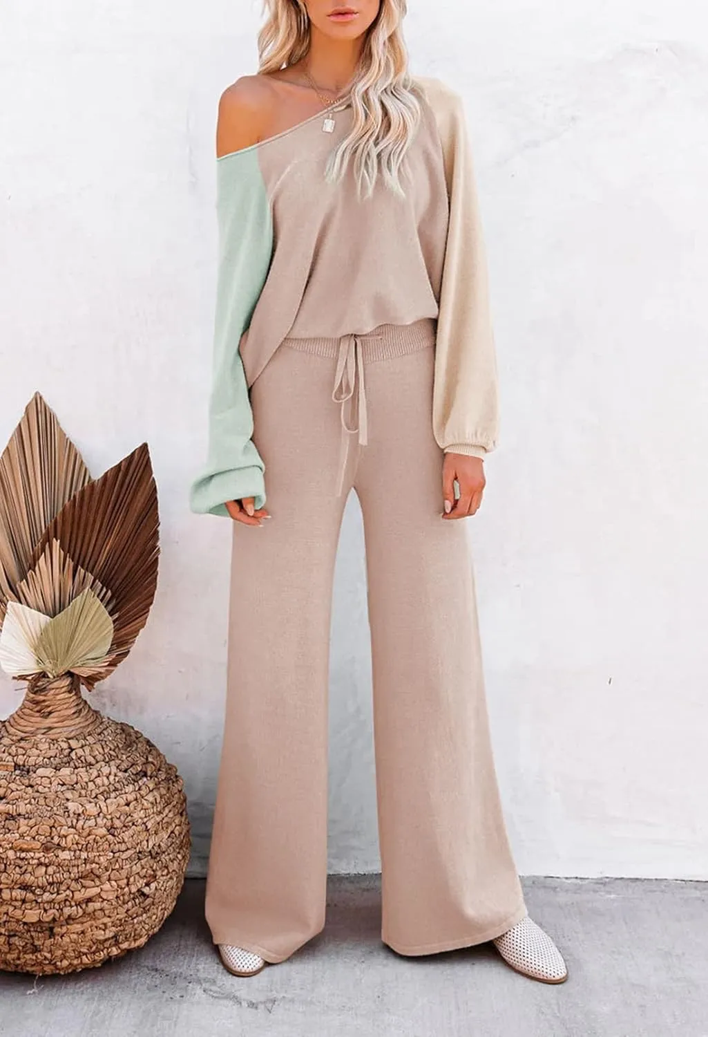 Pink Queen Women's 2 Piece Outfit Sweater Set Long Sleeve Crop Knit Top and Wide Leg Long Pants Sweatsuit