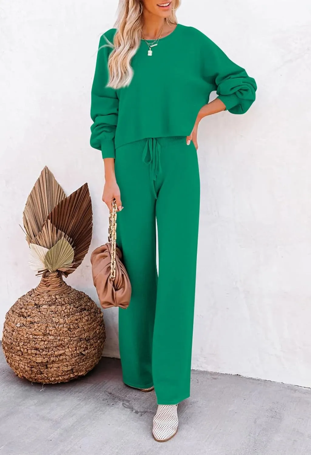 Pink Queen Women's 2 Piece Outfit Sweater Set Long Sleeve Crop Knit Top and Wide Leg Long Pants Sweatsuit