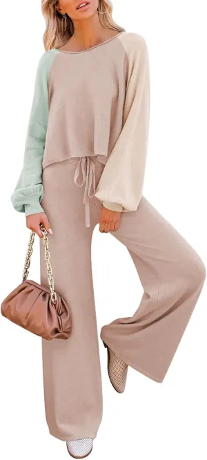 Pink Queen Women's 2 Piece Outfit Sweater Set Long Sleeve Crop Knit Top and Wide Leg Long Pants Sweatsuit