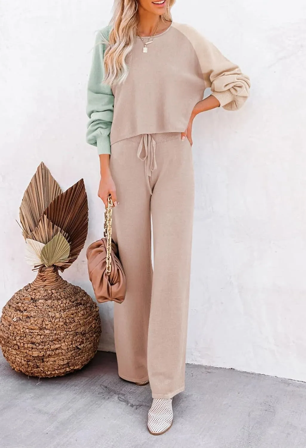Pink Queen Women's 2 Piece Outfit Sweater Set Long Sleeve Crop Knit Top and Wide Leg Long Pants Sweatsuit