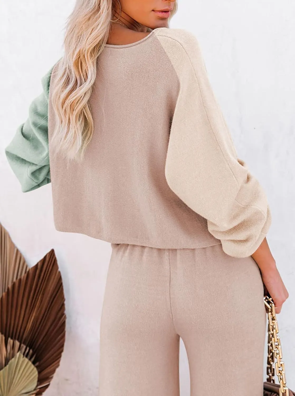 Pink Queen Women's 2 Piece Outfit Sweater Set Long Sleeve Crop Knit Top and Wide Leg Long Pants Sweatsuit