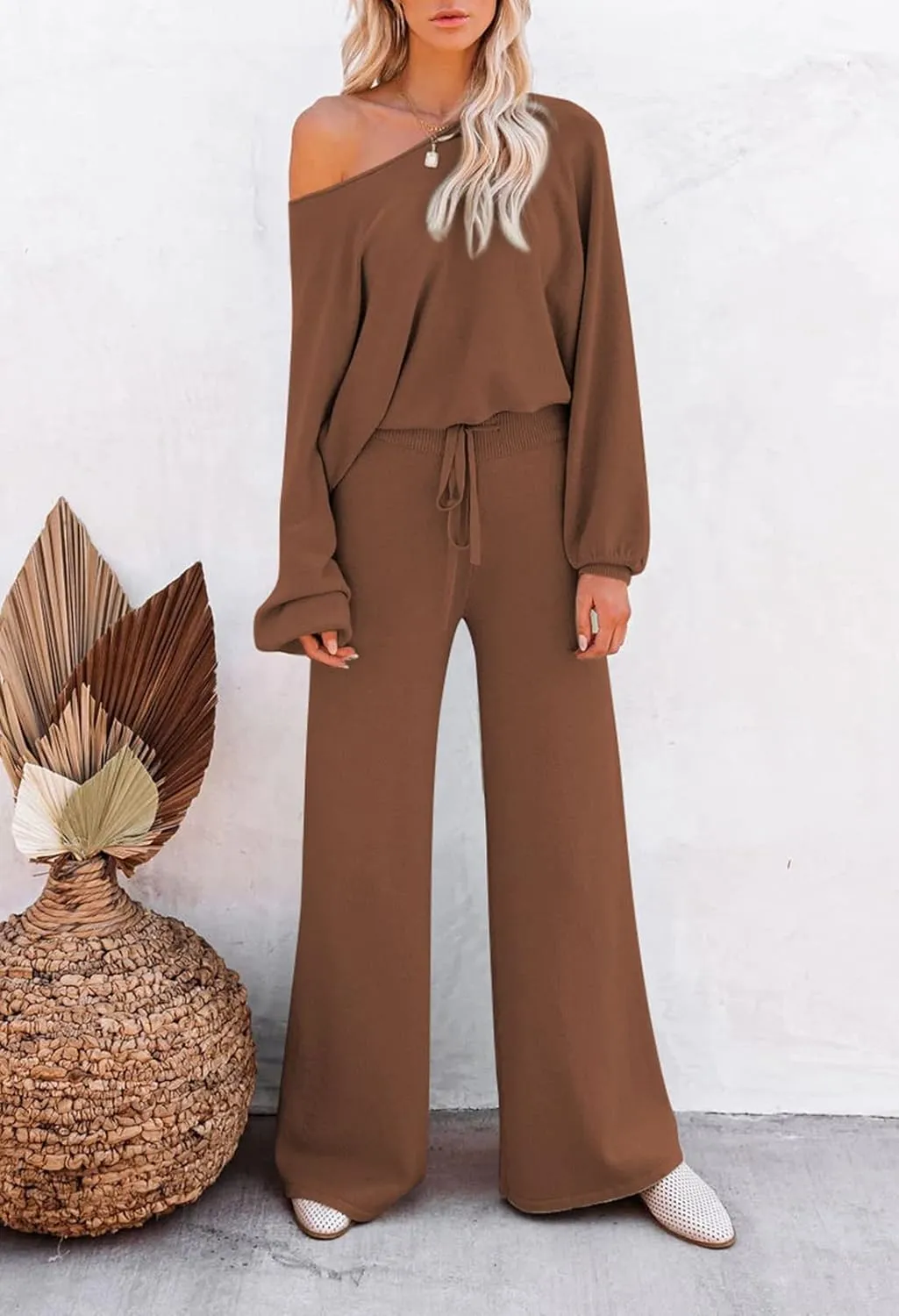 Pink Queen Women's 2 Piece Outfit Sweater Set Long Sleeve Crop Knit Top and Wide Leg Long Pants Sweatsuit