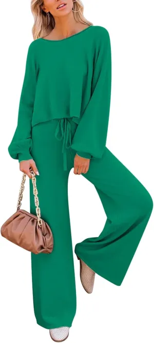 Pink Queen Women's 2 Piece Outfit Sweater Set Long Sleeve Crop Knit Top and Wide Leg Long Pants Sweatsuit