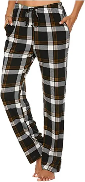 Plaid Pajama Pants Women Comfy Casual Sleep Pants Elastic Waist Long Trousers Lounge Loose Sleepwear with Pockets