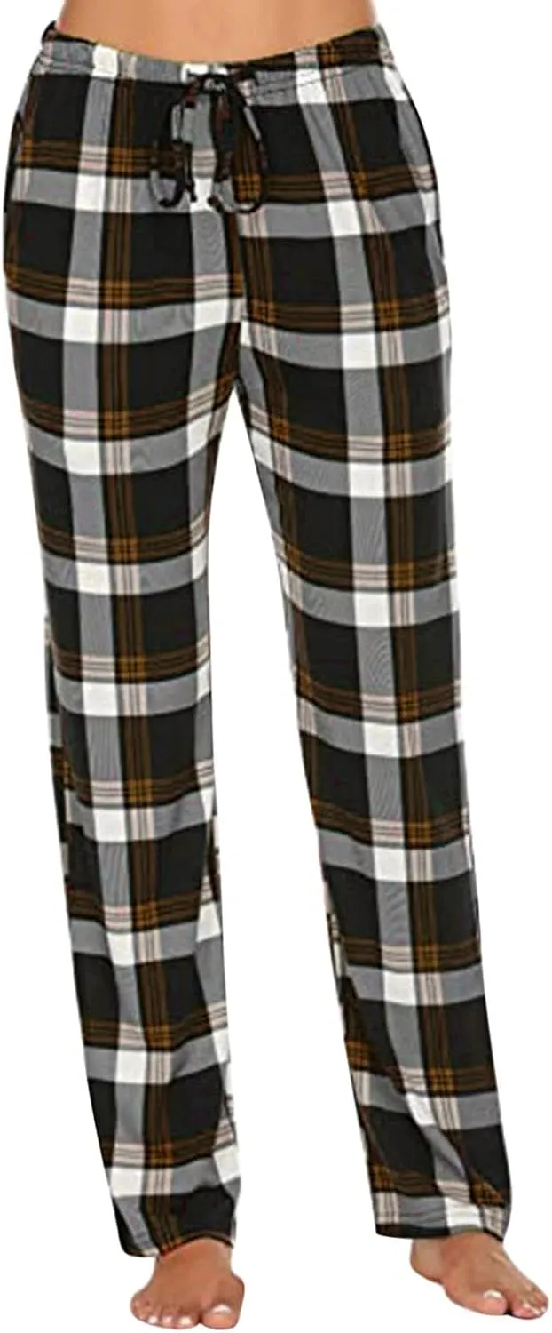 Plaid Pajama Pants Women Comfy Casual Sleep Pants Elastic Waist Long Trousers Lounge Loose Sleepwear with Pockets
