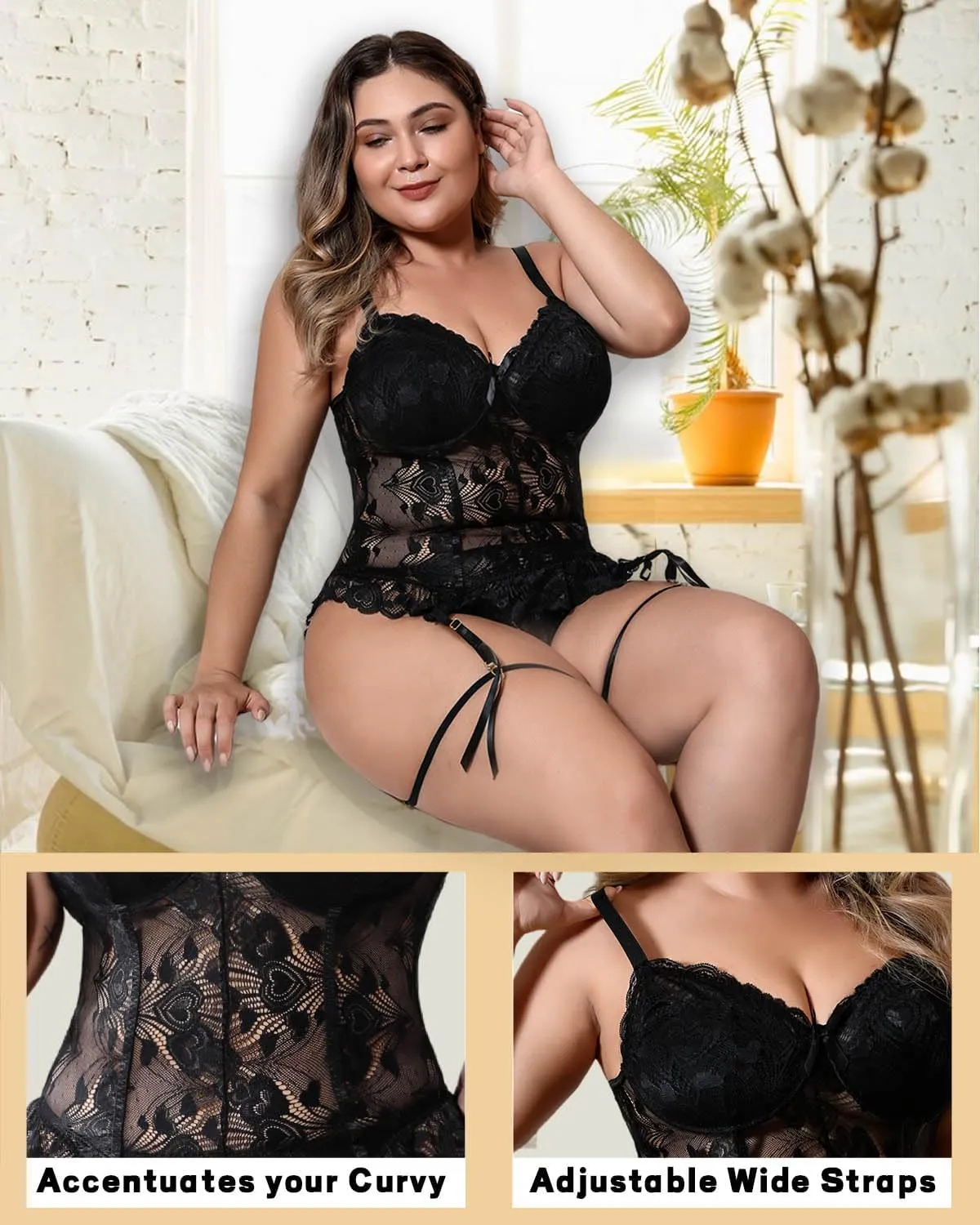 Plus Size Lingerie for Curvy Women Lace Corset with Adjustable Straps and Garter Details Sleepwear