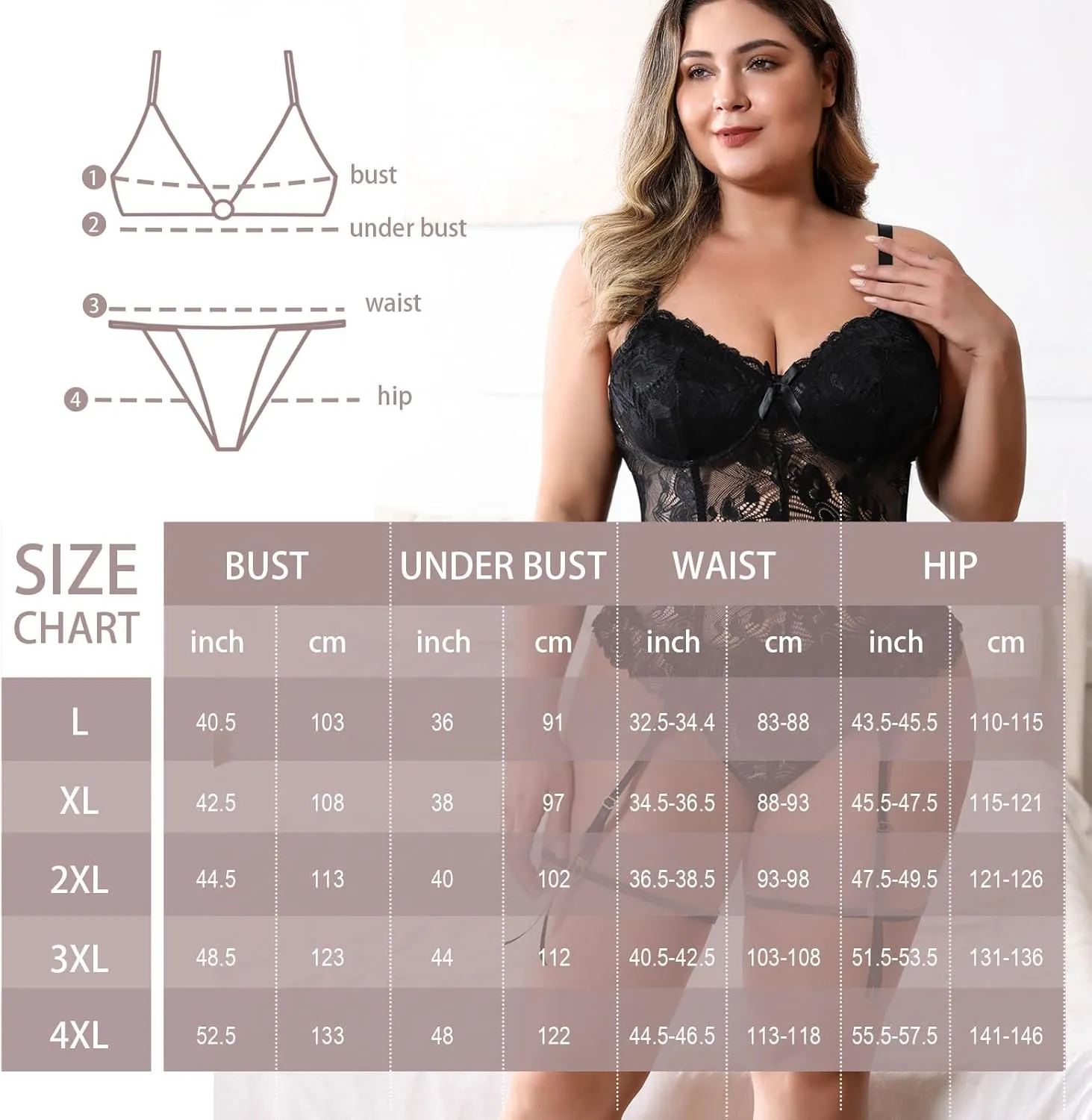 Plus Size Lingerie for Curvy Women Lace Corset with Adjustable Straps and Garter Details Sleepwear