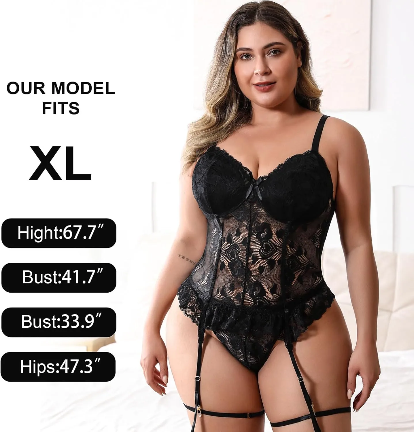 Plus Size Lingerie for Curvy Women Lace Corset with Adjustable Straps and Garter Details Sleepwear