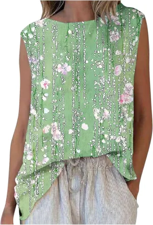 Plus Size Womens Tank Tops Sleeveless Round Neck Floral Printed Lightweight Summer Vests Casual Loose Thin Style Vest