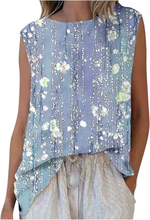 Plus Size Womens Tank Tops Sleeveless Round Neck Floral Printed Lightweight Summer Vests Casual Loose Thin Style Vest