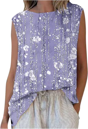 Plus Size Womens Tank Tops Sleeveless Round Neck Floral Printed Lightweight Summer Vests Casual Loose Thin Style Vest