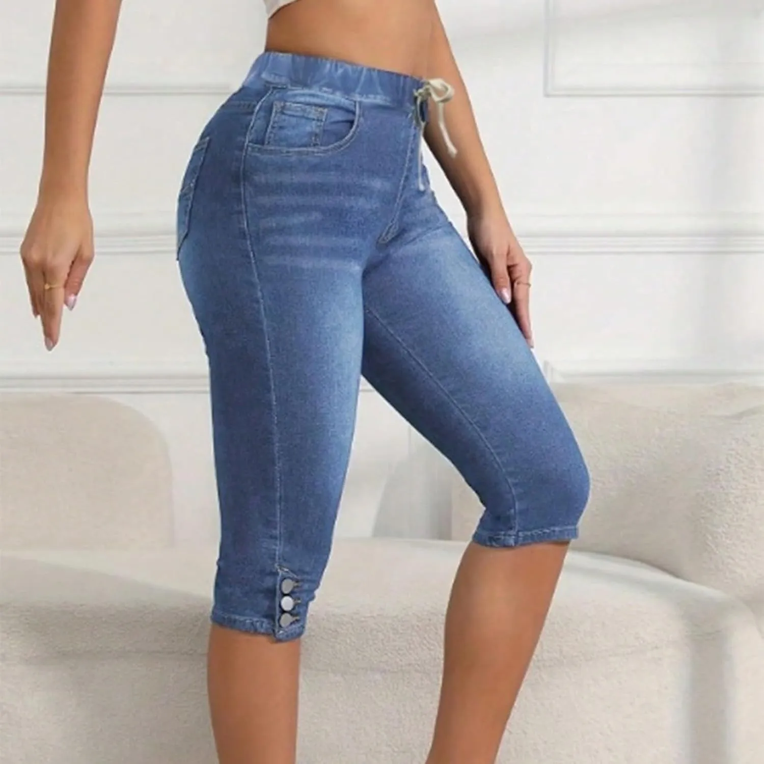 Pull on Capri Jeans for Women Skinny Drawstring Stretchy Cropped High Waisted Denim Capris Pants Cowgirl Outfits