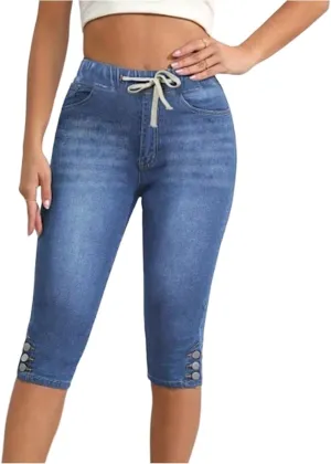 Pull on Capri Jeans for Women Skinny Drawstring Stretchy Cropped High Waisted Denim Capris Pants Cowgirl Outfits