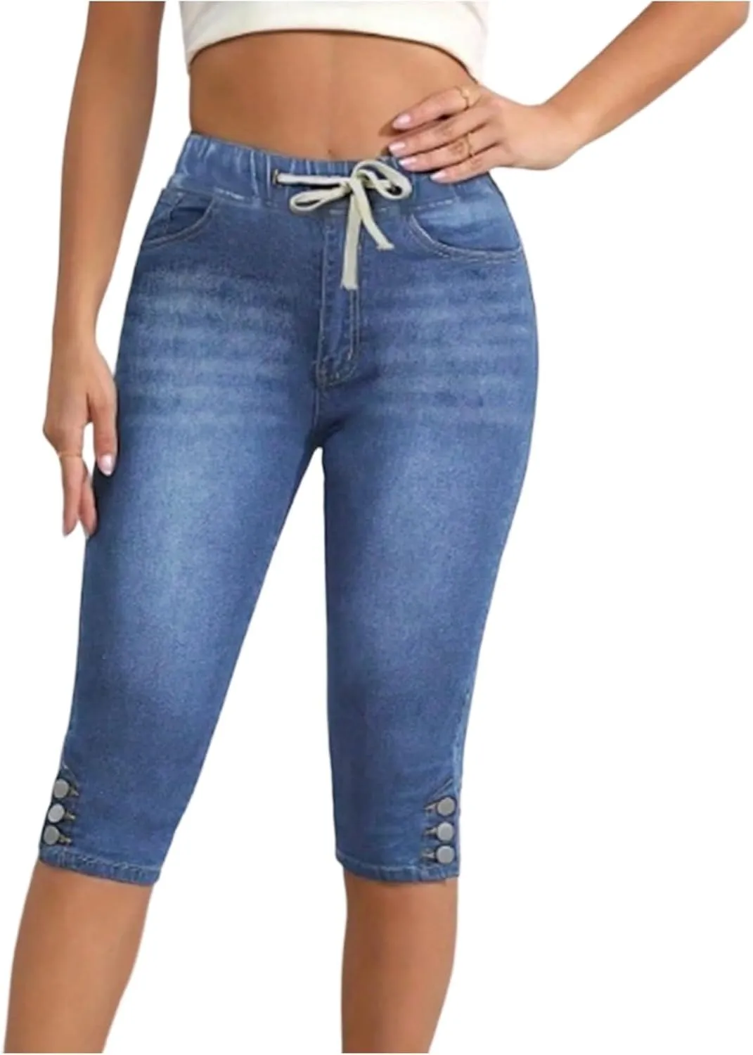 Pull on Capri Jeans for Women Skinny Drawstring Stretchy Cropped High Waisted Denim Capris Pants Cowgirl Outfits