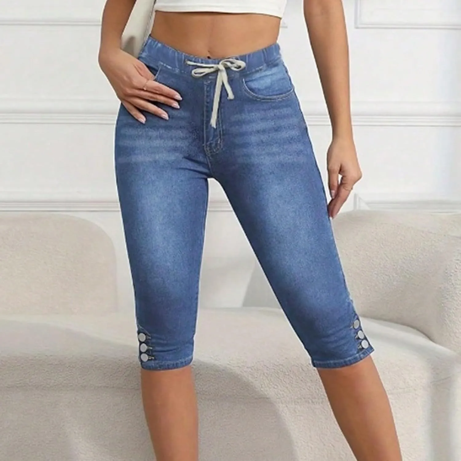 Pull on Capri Jeans for Women Skinny Drawstring Stretchy Cropped High Waisted Denim Capris Pants Cowgirl Outfits