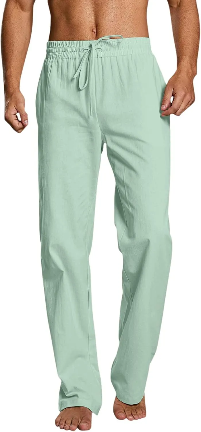 QWENTMTNTY Men's Elastic Waist Cotton Linen Pants Casual Summer Straight Leg Trousers Drawstring Stretch Beach Pants Slacks