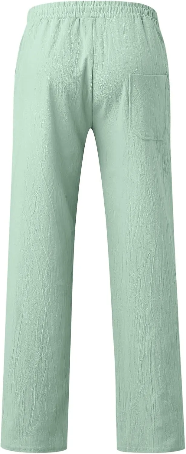 QWENTMTNTY Men's Elastic Waist Cotton Linen Pants Casual Summer Straight Leg Trousers Drawstring Stretch Beach Pants Slacks