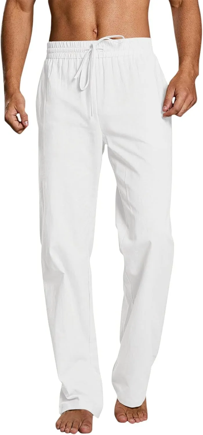 QWENTMTNTY Men's Elastic Waist Cotton Linen Pants Casual Summer Straight Leg Trousers Drawstring Stretch Beach Pants Slacks
