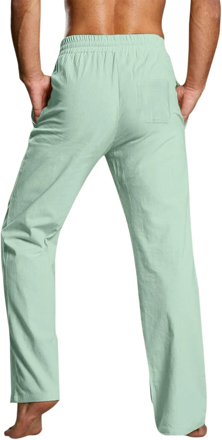 QWENTMTNTY Men's Elastic Waist Cotton Linen Pants Casual Summer Straight Leg Trousers Drawstring Stretch Beach Pants Slacks