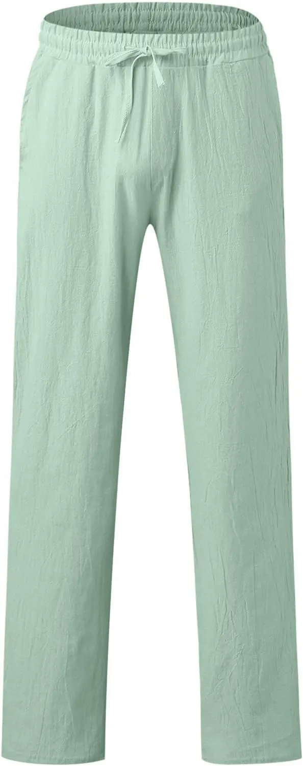 QWENTMTNTY Men's Elastic Waist Cotton Linen Pants Casual Summer Straight Leg Trousers Drawstring Stretch Beach Pants Slacks